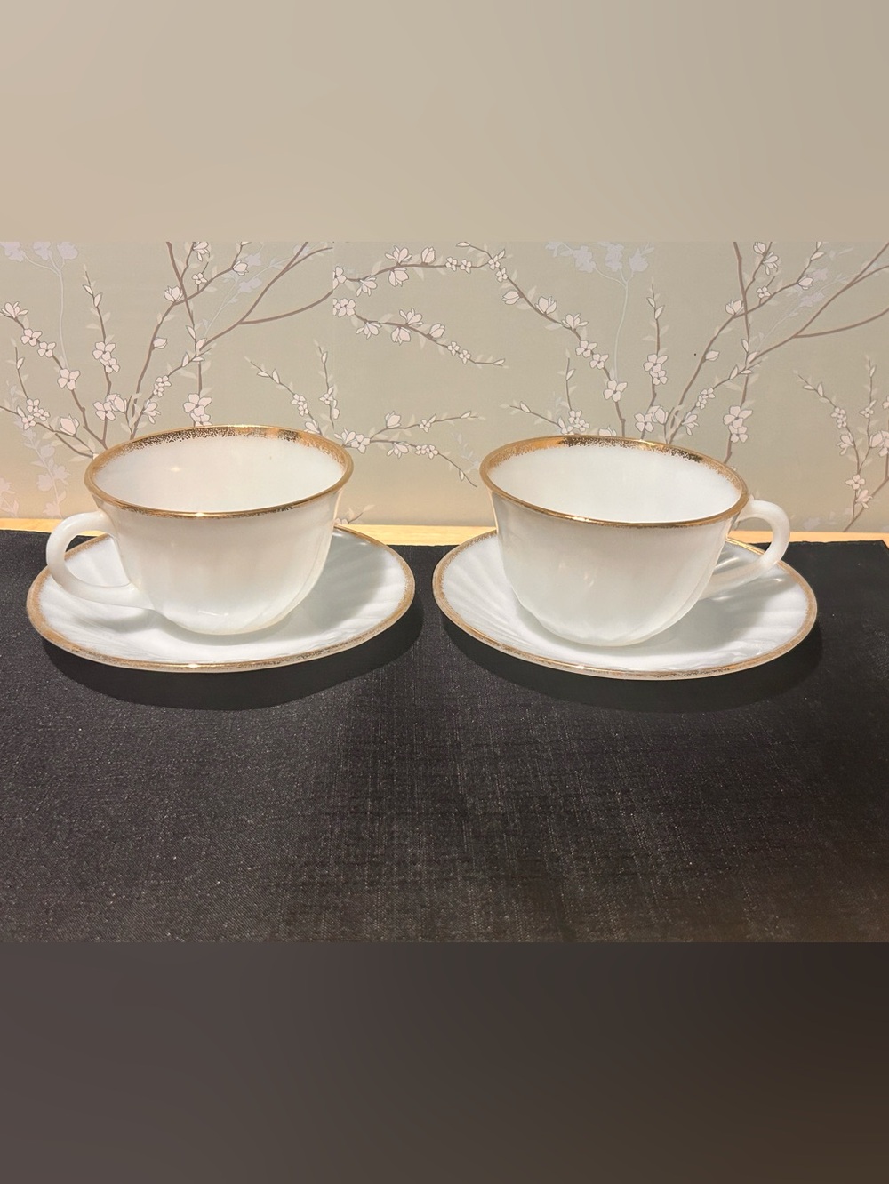 Vintage Anchor Hocking Fire King Milk Glass Cups & Saucers w/ Gold Trim